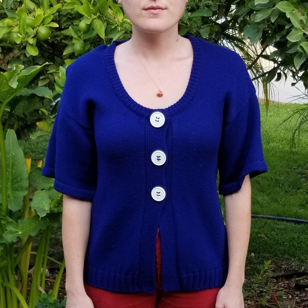 Vintage 50s 60s 》Mod Short Sleeve Button Knit Top
